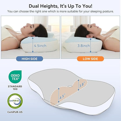 Cervical Neck Pillow - Ergonomic Memory Foam Pillow for Side, Back & Stomach Sleepers, Orthopedic Contour Pillow with Dual Height & Breathable Pillowcase(Grey)
