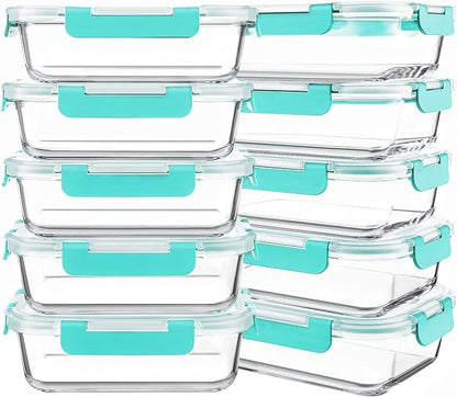 KOMUEE 10 Packs 30 oz Glass Meal Prep Containers,Glass Food Storage Containers with Lids,Airtight Lunch Bento Boxes, Microwave, Oven, Freezer and Dishwasher,Green