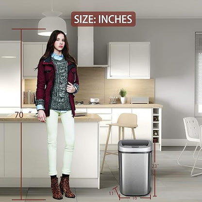 HCB Trash Can Automatic Waste Bin Mute Metal Garbage Can with Lid Stainless Steel 13 Gallon 50 Liter for Kitchen | Office | Bedroom | Bathroom | Living Room, 11” x 16” x 23”