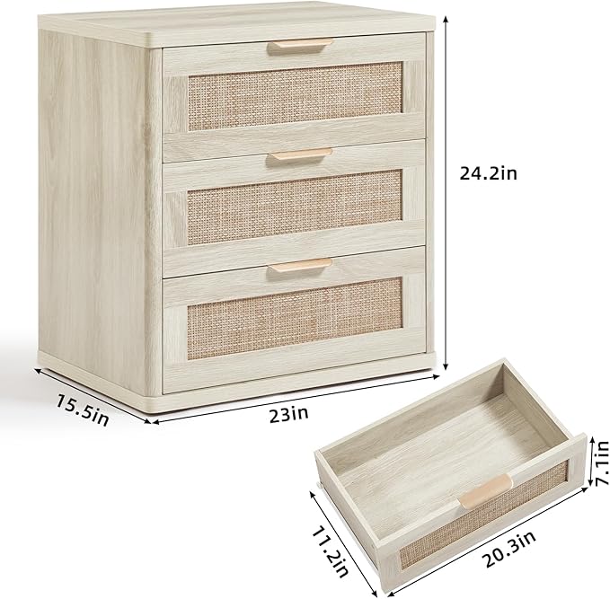 LEYAOYAO Rattan Night Stand with Drawers, 23" Large 3 Drawer Boho Nightstand, Grey White Bedside Table Storage Cabinet, Bed Side End Tables Dresser for Bedroom, Living Room, Hallway, Closet