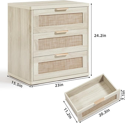 LEYAOYAO Rattan Night Stand with Drawers, 23" Large 3 Drawer Boho Nightstand, Grey White Bedside Table Storage Cabinet, Bed Side End Tables Dresser for Bedroom, Living Room, Hallway, Closet