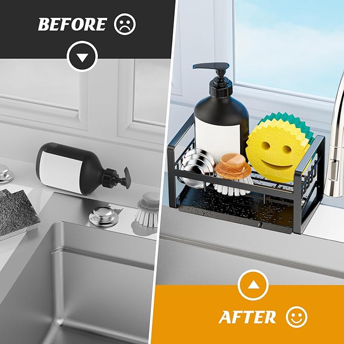 Sponge Holder for Kitchen Sink,Stainless Steel Kitchen Sink Organizer with Auto Draining Tray,Kitchen Countertop Soap Dispenser Organizer,Black