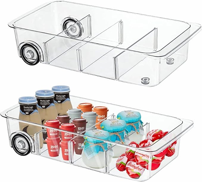 MineSign 2Pack Roll Out Fridge Caddy Bins Pull Out Drawer with Wheels Refrigerator Organizer Bins with Handles Divided Fruit Caddy for Fridge Pantry Cabinet Storage Cans Drinks