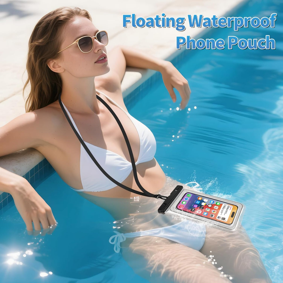 Floating Waterproof Phone Pouch, IPX68 Waterproof Phone Case with Lanyard for iPhone 16 15 14 13 Pro Max Samsung S25 S24 S23 S22, Up to 7", Beach Vacation Essentials, Glitter Silver