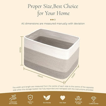 Hopegiver Woven Storage Baskets 15x11x10 Inch, 1 Pack Collapsible Cube Storage Bin for Shelves - Foldable Cotton Rope Organizer Bins for Towels, Toys, Books, Closet, Nursery (White Light-Gray Gray)