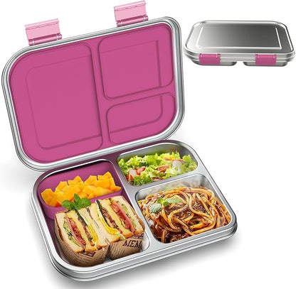 Stainless Steel Kids Leak-Resistant Bento Lunch Box, 3-Compartments with Silicone Container, Dishwasher-Safe, Child-Friendly Design for School, Picnics & Travel,BPA-Free(Pink)