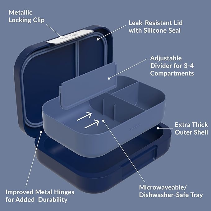 Bentgo Modern - Adult & Teen Bento Lunch Box; 3-4 Compartments, Leak-Resistant, 5.5 Cup Capacity/44 fl oz, Improved Locking Clips, Reusable, BPA-Free, Dishwasher/Microwave Safe Tray (Navy)