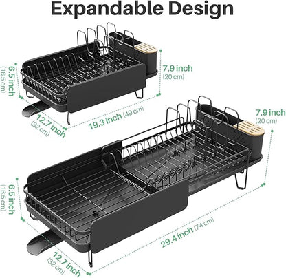 Large Dish Drying Rack - Expandable (19.3" to 29.4") Dish Rack for Kitchen Counter, Stainless Steel Dish Drainer with Utensil Holder, Pan Holder & Pot Lid Holder, Black