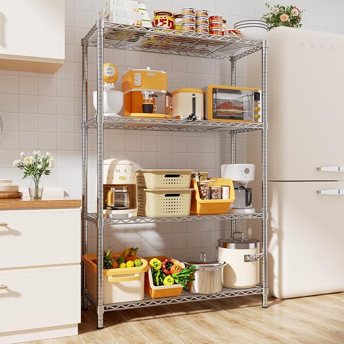 Storage Shelves, 36" L x 14" W x 54" H Heavy Duty Garage Wire Shelving Unit Loads 1400LBS, 4-Tier Adjustable Metal Industrial Utility Shelf Rack for Kitchen, Laundry Room, Basement