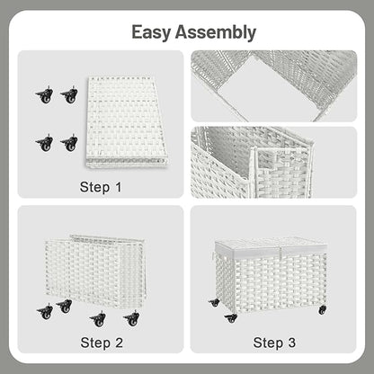 Rolling Storage Basket with Lid, 47.6 Gallon (180L) Storage Bin with Wheels, Woven Rattan Blanket Storage Basket with Handles, Foldable, Metal Frame, Removable Liner for Bedroom, Laundry Room, White