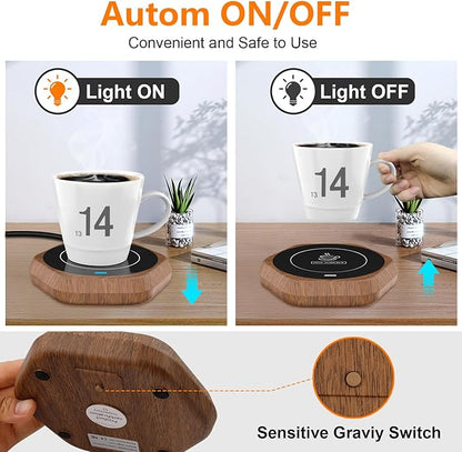 Smart Beverage Heating Plate Candle Wax Cup Warmer Electric Thermostat Coaster for Hot Coffee Milk Tea Water Cocoa Desk Home Office Use (R1 Wood Grain)