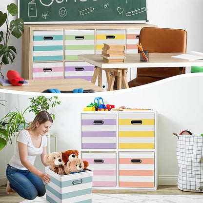 6 Pcs Fabric Storage Cubes Bins with Metal Handle Christmas Storage Bin 11 Inch Macaron Colored Striped Collapsible Bins Holiday Storages Organizer for Gift Books Kids Room Closet and Toys