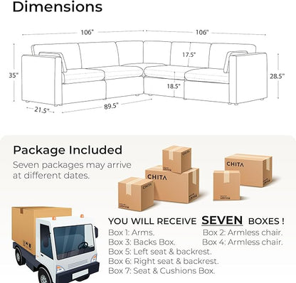 CHITA Oversized Modular Sectional Sofa Set, FSC Certified Extra Large 5 Seat V Shaped Cloud Couch for Living Room, 106 inch Width, 4 Seater and 1 Middle Corner, Terracotta