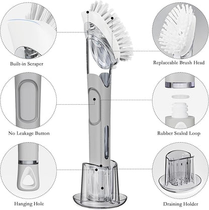 Soap Dispensing Replacement Dish Brush Storage Set with 2 PCS Brush Refills & Holder - RIMAY Dispenser Scrub Cleaning Scrubber Kitchen Dishwashing Dish Wand Handle for Dishes/Pans/Pots/Sink(Grey)