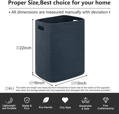 OIAHOMY Laundry Hamper, Laundry Basket，Rectangle Cotton Large Blanket Storage Basket for Living room,Bedroom Woven Decorative Storage for Toys,Clothes,Pillows-16x13x22in-Blue