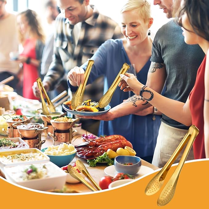 8 PCS Serving Tongs 9 Inch, Gold Tongs for Serving Food, Stainless Steel Tongs for Serving, Serving Utensils Cooking Clips for Buffet, Appetizer, Dessert, Parties