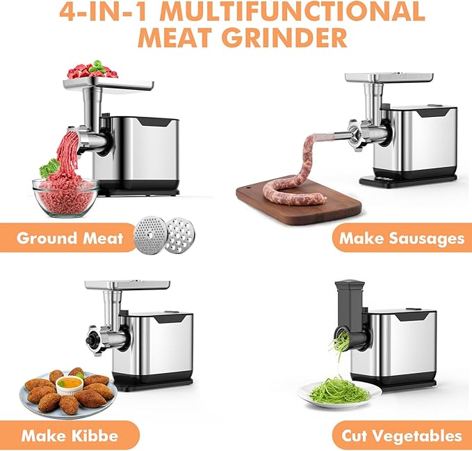 #8 Meat Grinder, 3200W Max Electric Heavy Duty Sausage Stuff, Rotary Cheese Grater with 3 Interchangeable Blades, 2 Blades, 3 Plates, 4 Sausage Tubes, Kibbe, Burger Press & Meat Claws