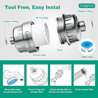 R7 Shower Filter with 4 Replacement Cartridge High Put Shower Water Filter for Hard Water 99.99% Remove Chlorine, Heavy Metals, Shower Water Softener, Improve your skin and hair, Chrome