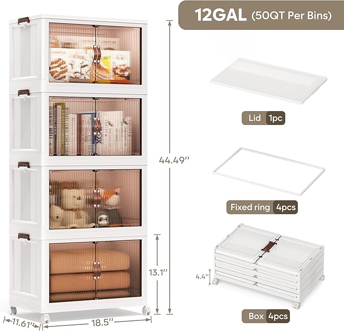 Jalove 50QT Plastic Storage Bins with lids, Stackable Collapsible Storage Containers with Wheels, Closet Organizer and Storage Drawers, Clothes Storage Cabinet for Home Office Garage, 4 Pack White