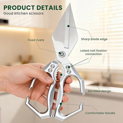 Heavy Duty Kitchen Scissors All purpose, poultry shears for food Cutting Meat, Chicken, Bones, Seafood, Herbs, Nuts, Packages, Culinary scissors with Ergonomic Handle Silver