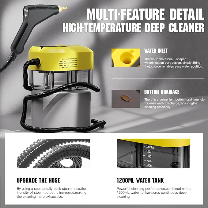 Steam Cleaner for Home＆Kitchen, 212°F High Temperature, 1200ML Tank, Portable Handheld Steam Cleaner for Car Carpet Detailing Window Floor Couch Grease Tile, Pressurized Steamer for Cleaning