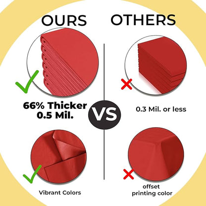 Party Solids 66% Thicker Premium Plastic Table Cloth Rectangle Table Cover 0.5 Mil 12 Pack Red Table Cloth 54 Inch x 108 Inch Disposable Tablecloth Won't Tear Easily Like Cheap Thin Brands