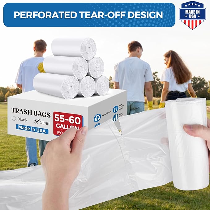 Fuxury 55-60 Gallon Heavy Duty Trash Bags, 100 Count Clear Garbage Bags, 23 Mic Thick, 38x58 in, Star-Seal Bottom, Plastic Bags Ideal for Home, Yard & Commercial Use, Made in USA