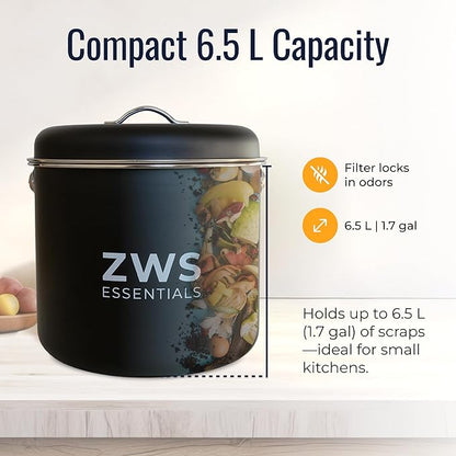 Black Stainless Steel Compost Bin | 6.5L Odor-Free Kitchen Countertop Food Scrap Pail with Charcoal Filter | Compact Zero Waste Solution for Home and Apartment Kitchens