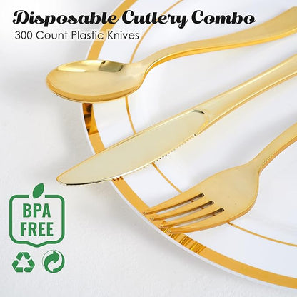 FOCUSLINE 300 Pack Disposable Gold Plastic Knives, Solid and Durable Plastic Cutlery Knives, Heavy Duty Disposable Utensil Silverware for Catering, Parties, Dinners, Weddings