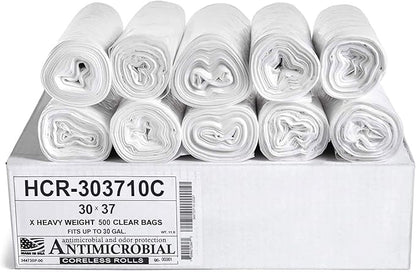 Aluf Plastics High Density Trash Bags, 30 Gallon, 500 Count, 10 Micron (eq), 30" x 37", Clear, for Bathroom, Office, Industrial, Commercial, Janitorial, Municipal, Recycling