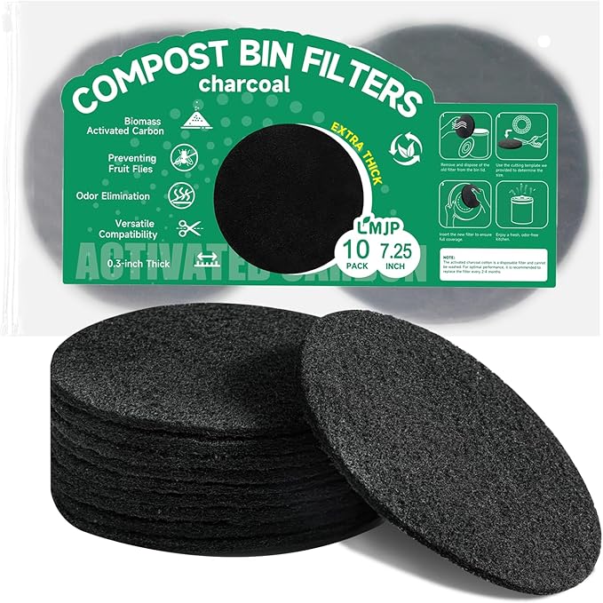 7.25 Inch Charcoal Filters for 10 Pack Kitchen Countertop Compost Bins - Extra Thick 0.3" for Longer Lasting Activated Carbon