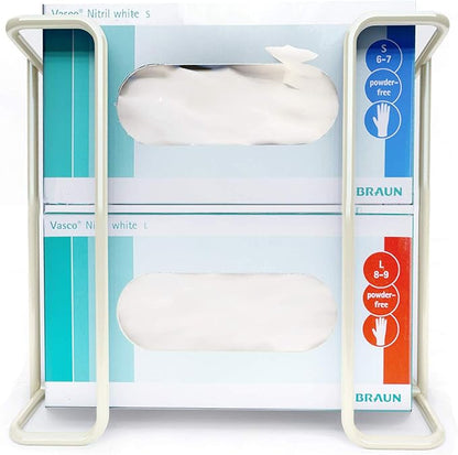 Disposable Glove and Facial Tissue Wire Rack, Dispenser, Wall Mount Design With Mounting Accessories Included, White Durable Metal Organizer Glove Dispenser for Home, Lab, Office and Food Service