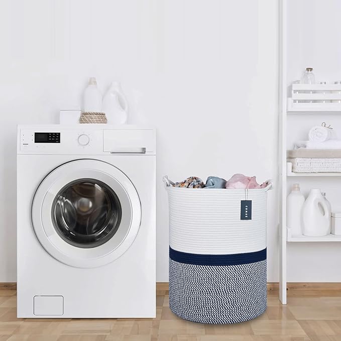 COMSE Extra Large Blanket Basket, Tall Woven Storage Basket, Nursery Hamper, 15.7”x 21.7”, Cotton Rope Laundry Hamper for Toys Clothes Towels, Blend White/Navy Blue