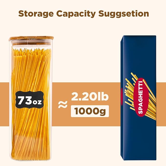 Glass Pasta Storage Jars Square 73oz, 3 Pack Glass Jars With Bamboo Lids, Tall Kitchen Storage Containers For Pasta, Storage For Pantry Organizers
