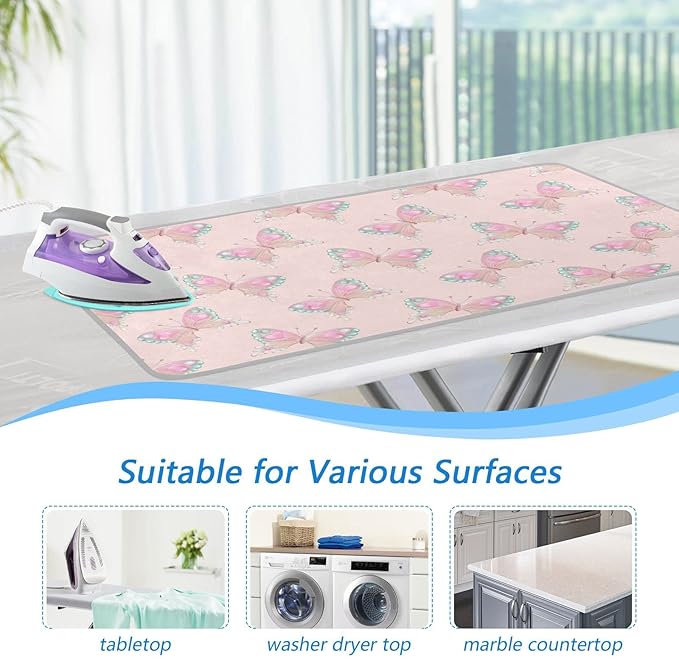 Ironing Mat Portable Ironing Pad Ironing Blanket for Table Top Heat Resistance Double-Side Using Travel Large 47.2 x 27.6 Inch Foldable Lightweight Pink Butterfly