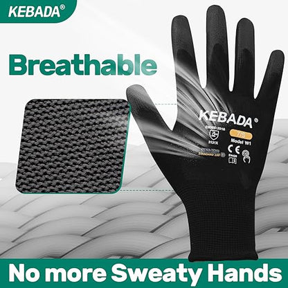 Kebada W1 Work Gloves for Men and Women, PU Coated Safety Gloves with Grip, Touchscreen, Ideal for Warehouse Package Handling, Construction, Gardening, Black X-Large