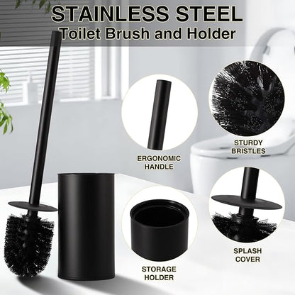 Small Bathroom Trash Can with Lid Soft Close, 1.8 Gallon Stainless Steel Garbage Can with Removable Inner Bucket,Black Toilet Brush,75Count Trash Bags, Slim Step Pedal Trash Bins