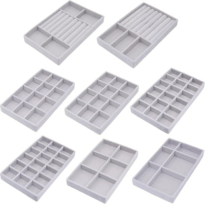 Jewelry Storage 8PACK, Velvet Jewelry Organizer Trays, 4PCS Stackable Jewelry Tray for Drawers, Grey Organizer for Rings, Earrings, Necklaces, Watches, Bracelets, Brooches