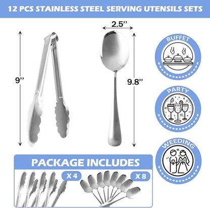 12PCS Stainless Steel Serving Utensils Sets with 8 Large Serving Spoons,4 Serving Tongs,Silver Serving Utensills Sets for Buffet Catering Banquet Party (Silver)