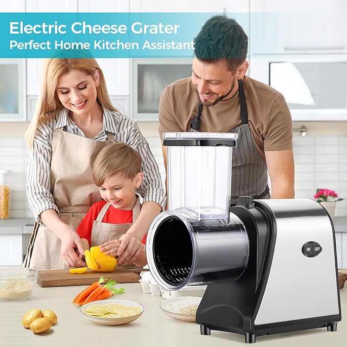 Electric Cheese Grater, 250W Electric Slicer Shredder, One-Touch Control Electric Salad Machine for Cheese, Fruits, Vegetables, Salad Maker with 5 Different Shapes of Blades, 2025 Upgrade