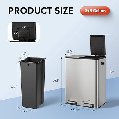 WLIVE 2 x 8 Gallon / 2 x 30 Liter Dual Trash Can, Stainless Steel Double Compartment Classified Kitchen Trash Can, with Plastic Inner Buckets, Handles, Soft-Close Lid, Deodorizing Filter Box, Silver.