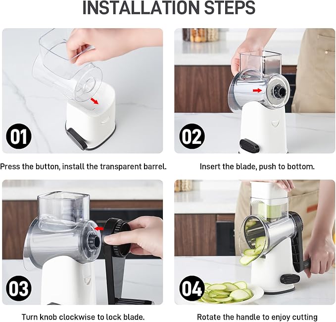 VEKAYA Cheese Grater, Cheese Grater Hand Crank, 4 Interchangeable Blades Cheese Shredder, Vegetable Slicer, Non-slip Suction Base, Easy to Clean Rotary Grater with Handle (White)