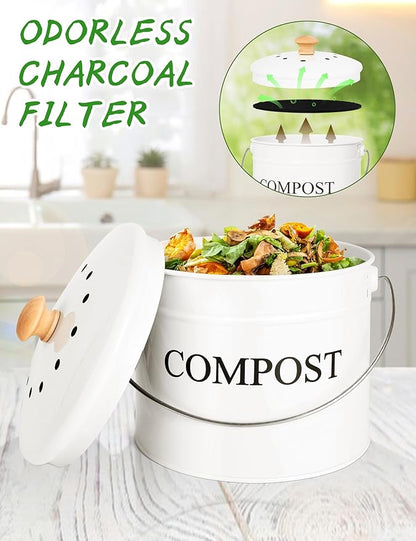 Compost Bin - 1 Gallon Countertop Composter with Lid, Charcoal Filters, Rust Proof Indoor Food Waste Bin