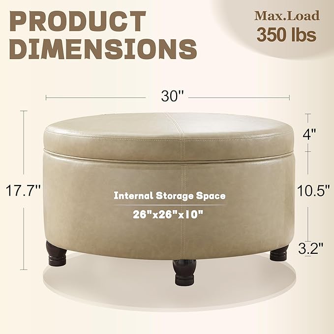 30-Inch Round Storage Ottoman, Modern Ottoman Coffee Table with Removable Top for Living Room, Bedroom, Office (Khaki)