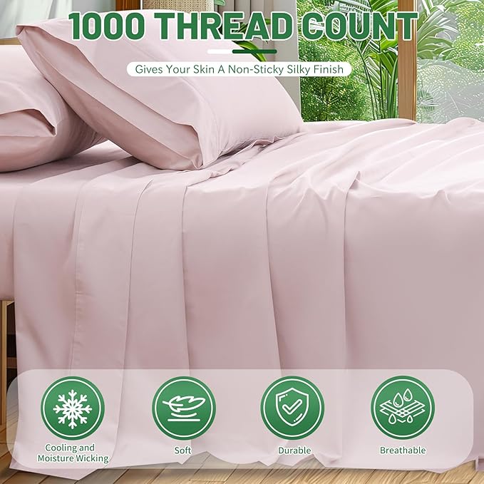 100% Egyptian Cotton Sheets King Size 1000 Thread Count Sateen Weave Soft Breathable 16-Inch Deep Pocket 4PCS（King,Light Pink）