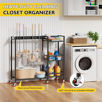 Broom Holder with Cleaning Supplies Organizer, Movable Broom Closet Storage Cabinet with Cleaning Caddy, Cleaning Cart with Mop Rack, Janitorial Housekeeping Cart on Wheels, Laundry Room Organization