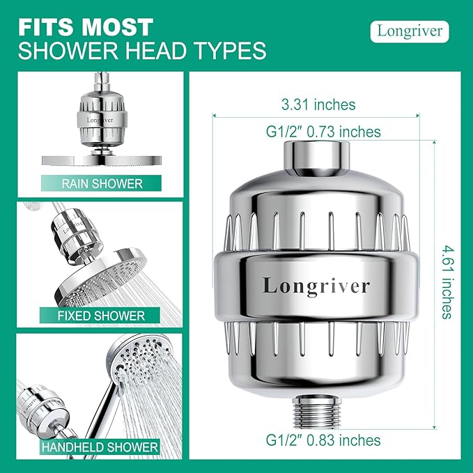 R7 Shower Filter with 2 Replacement Cartridge High Put Shower Water Filter for Hard Water 99.99% Remove Chlorine, Heavy Metals, Shower Water Softener, Improve your skin and hair, Chrome