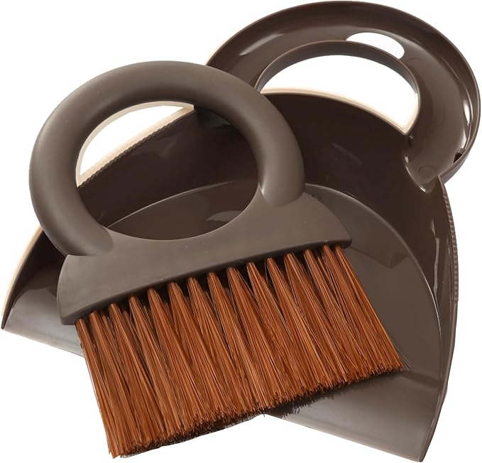 Round Handle Brush and Dustpan Set Small Broom & Dustpan Portable Handheld Sweeper for Desktop Sofa Floor Pet Nest (Coffee)