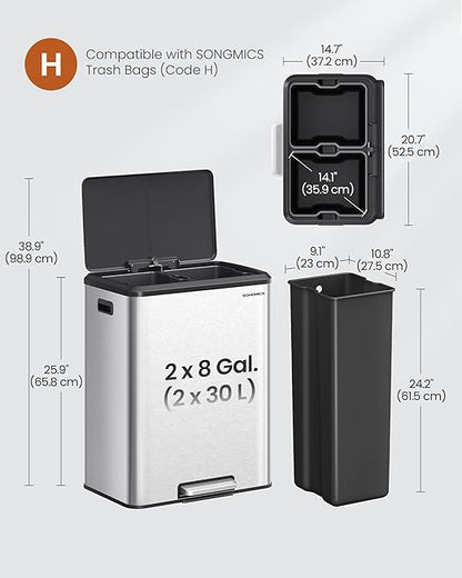 SONGMICS Trash Can, 2 x 8 Gallon (2 x 30 L) Double Garabge Can for Recycling and Waste, Stainless Steel, Soft-Close Lid, Inner Buckets, Wide Sturdy Pedal, Metallic Silver ULTB556E01