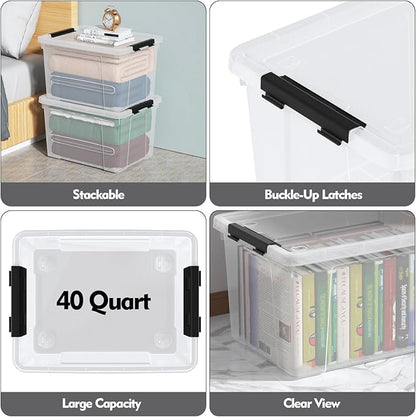 Zopnny 40 Quart Clear Latching Box with Wheels, Plastic Storage Containers with Lids, 4 Pack